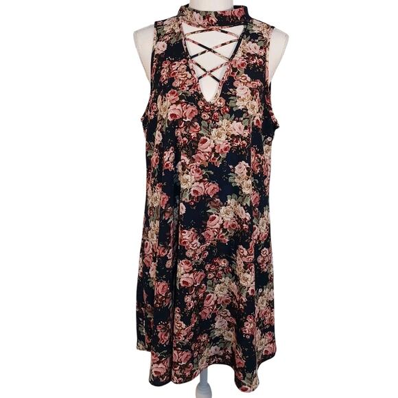 Altar'd State Blue Floral Halter Neck Lace Up Keyhole Fit & Flare Dress Large - Picture 1 of 8